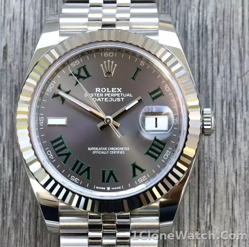 Superclone Rolex Datejust 41mm Rhodium Dial 126334  Wimbledon  Flutted / Jubilee - detail